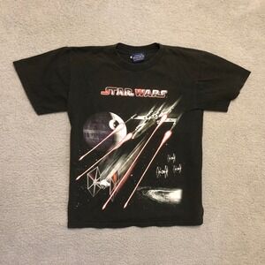 VTG Star Wars Graphic Shirt Boys Large 14-16 Black Death Star X-Wing TIE Fighter